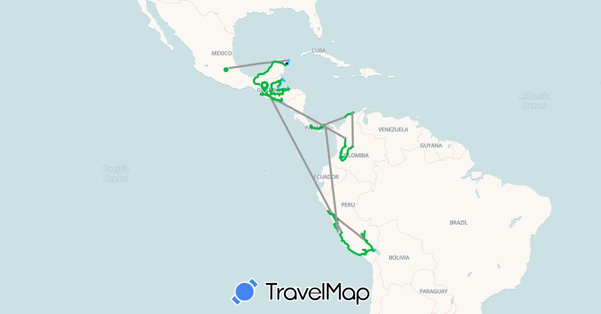 TravelMap itinerary: driving, bus, plane, train, boat in Belize, Colombia, Guatemala, Honduras, Mexico, Panama, Peru, El Salvador (North America, South America)